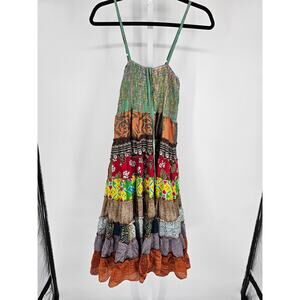 Wally Womens Sz L Midi Length Sleeveless Boho Dress Quilted Colorful Hippie